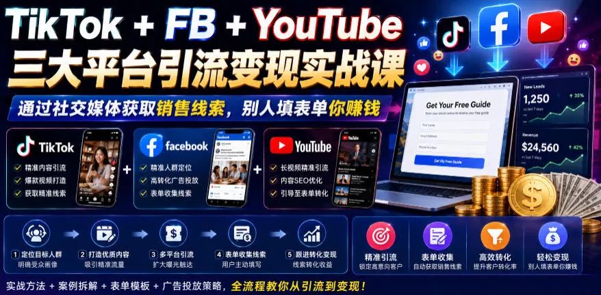 TikTok+FB+YouTube三大平台引流变现实战课，通过社交媒体获取销售线索，别人填表单你賺钱【原创双语字幕】-179创客网