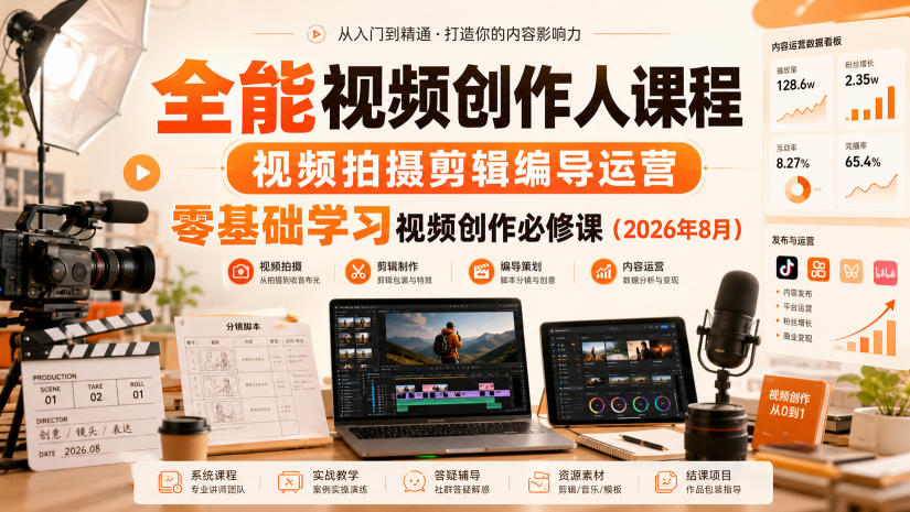 全能视频创作人课程，视频拍摄剪辑编导运营，零基础学习视频创作必修课（2026年8月）-179创客网