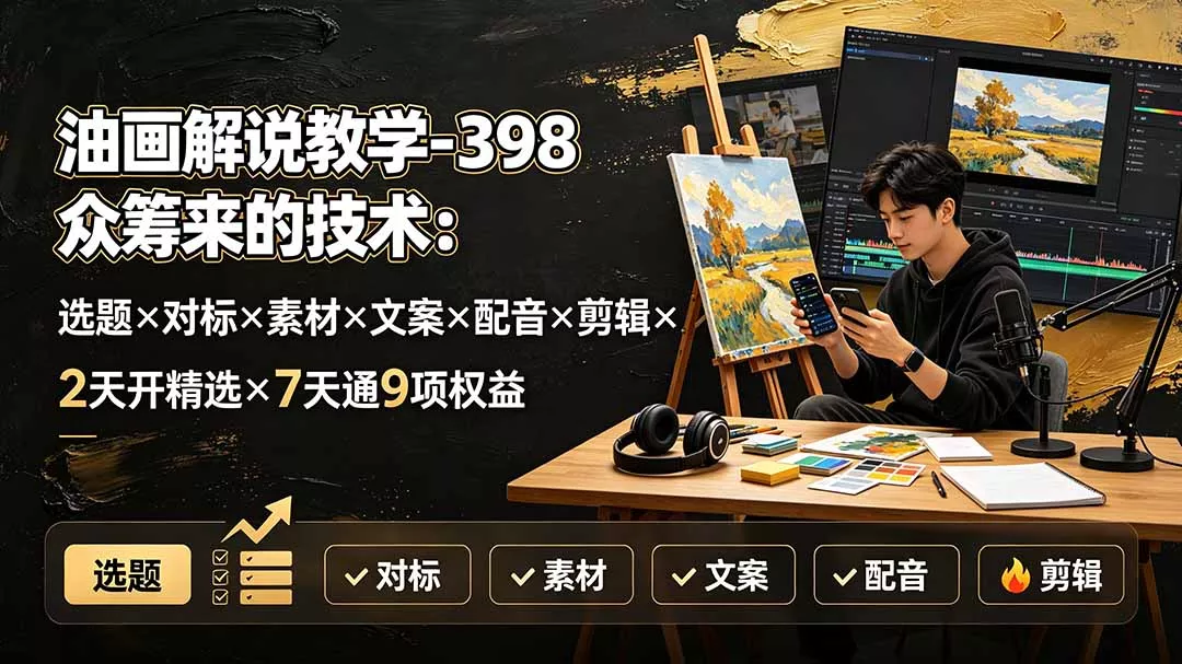 油画解说教学-398众筹来的技术：选题×对标×素材×文案×配音×剪辑×2天开精选×7天通9项权益-179创客网