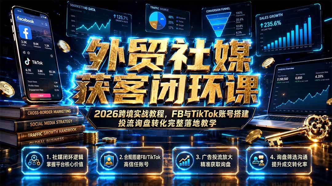 （19611期）外贸社媒获客闭环课｜2026跨境实战教程，FB与TikTok账号搭建投流询盘转化完整落地教学-179创客网