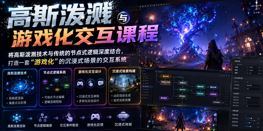 高斯泼溅与游戏化交互课程，将高斯泼溅技术与传统的节点式逻辑深度结合，打造一套“游戏化”的沉浸式场景的交互系统-179创客网