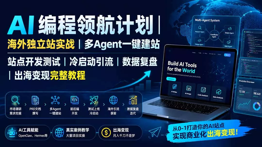 AI编程领航计划｜海外独立站实战｜多Agent一键建站｜站点开发测试｜冷启动引流｜数据复盘｜出海变现完整教程-179创客网