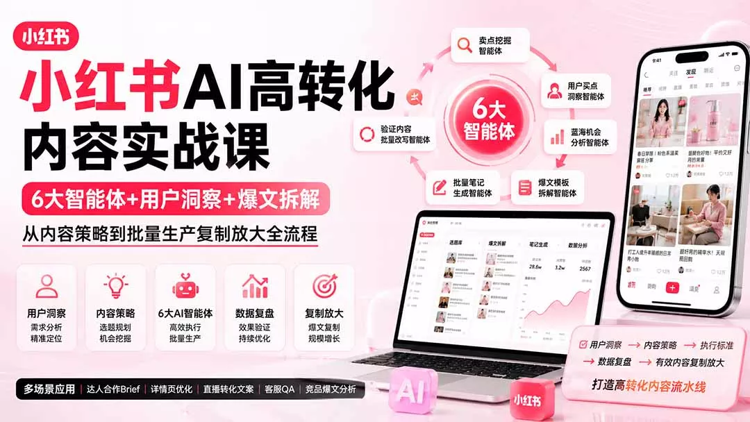 小红书AI高转化内容实战课：6大智能体+用户洞察+爆文拆解，从内容策略到批量生产复制放大全流程-179创客网