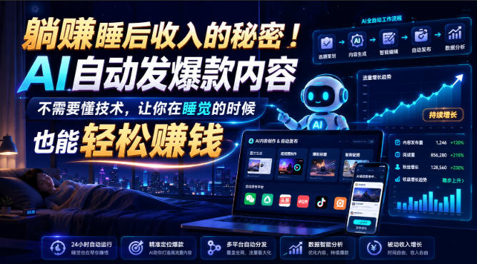 躺賺睡后收入的秘密！AI自动发爆款内容，不需要懂技术，让你在睡觉的时候也能轻松賺钱【原创双语字幕】-179创客网