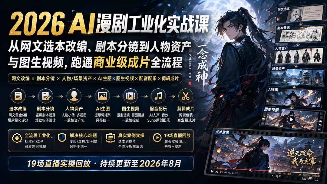 2026 AI漫剧工业化实战课-更新：从网文选本改编、剧本分镜到人物资产与图生视频，跑通商业级成片全流程-179创客网