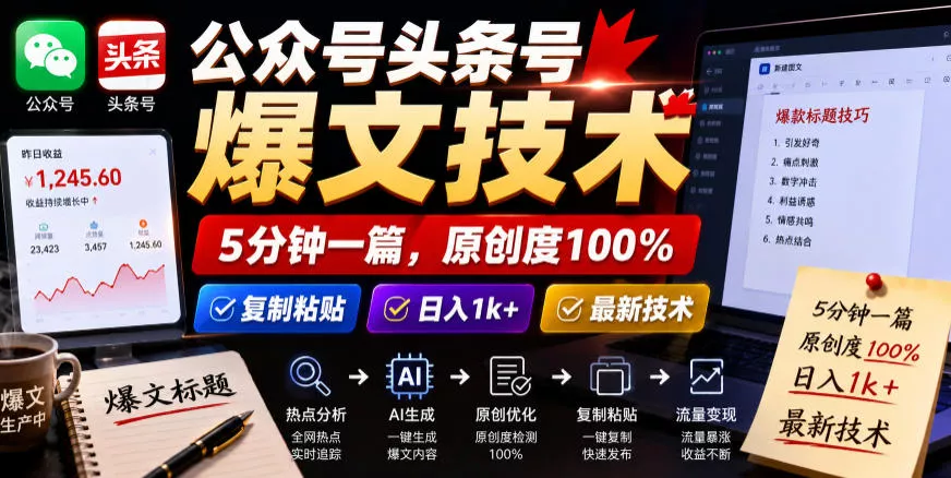 公众号头条号爆文技术，5分钟一篇，原创度100%，复制粘贴，日入1k+，最新技术【揭秘】-179创客网