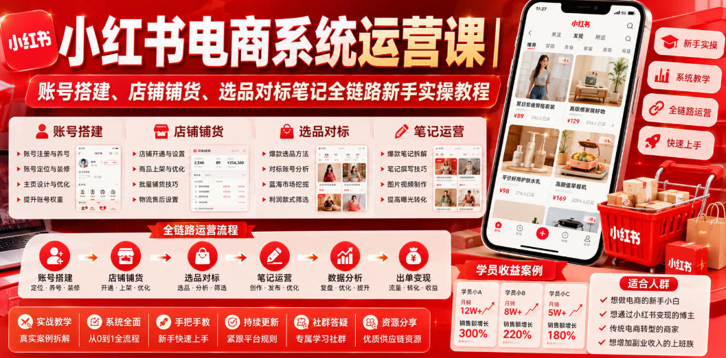 小红书电商系统运营课｜账号搭建、店铺铺货、选品对标笔记全链路新手实操教程-179创客网