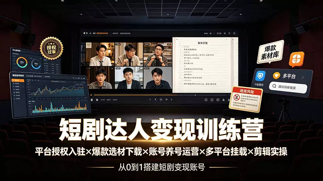 短剧达人变现训练营：平台授权入驻×爆款选材下载×账号养号运营×多平台挂载×剪辑实操×违规处理全流程-179创客网