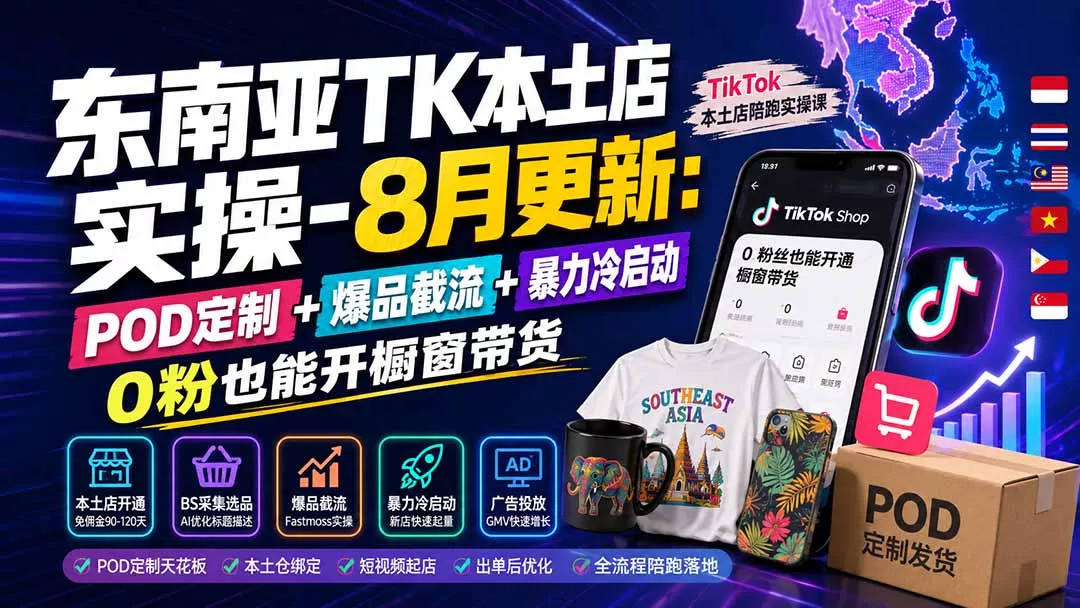 东南亚TK本土店实操-8月更新：POD定制+爆品截流+暴力冷启动，0粉也能开橱窗带货-179创客网