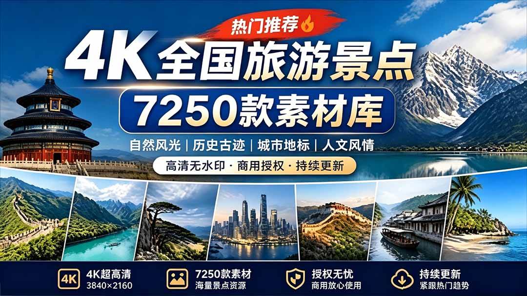 （19309期）热门全国旅游风景素材！4K全国旅游景点素材库，7250款素材，旅行达人城市航拍风景风光高清短视频-179创客网