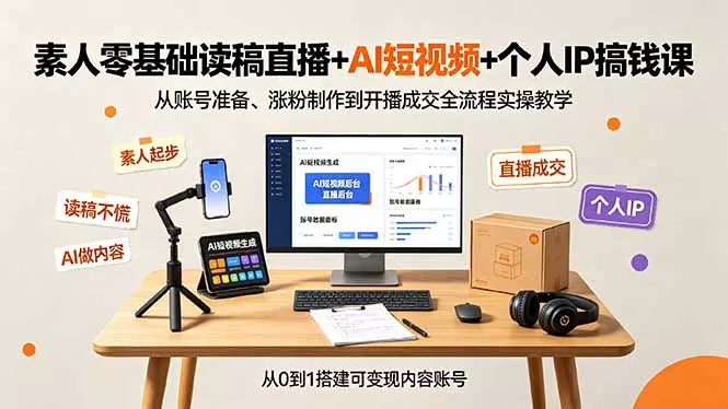 素人零基础读稿直播+AI短视频+个人IP搞钱课，从账号准备、涨粉制作到开播成交全流程实操教学-179创客网
