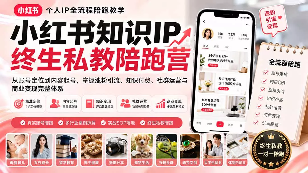 小红书知识IP终生私教陪跑营：从账号定位到内容起号，掌握涨粉引流、知识付费、社群运营与商业变现完整体系-179创客网