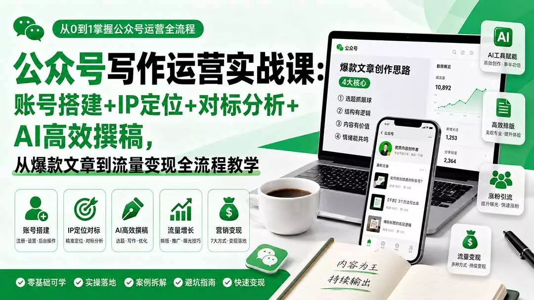 公众号写作运营实战课：账号搭建+IP定位+对标分析+AI高效撰稿，从爆款文章到流量变现全流程教学-179创客网