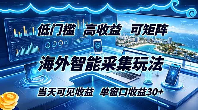 海外智能采集玩法，低门槛高单价可矩阵，当天可见收益，单窗口30+-179创客网