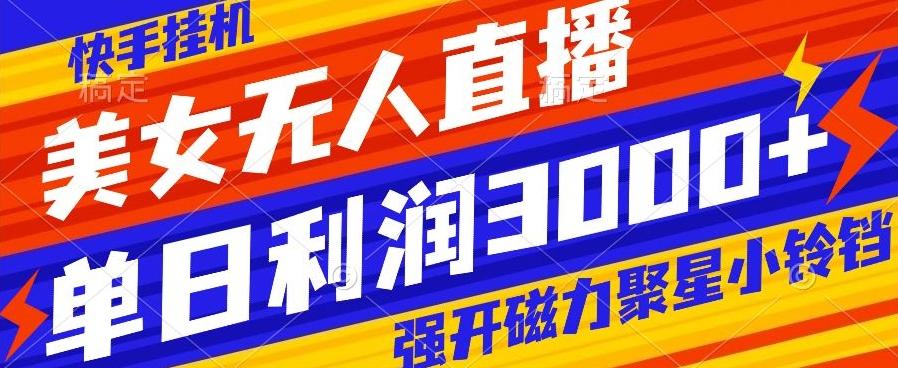 快手挂机，美女无人直播，强开磁力聚星小铃铛，日入3000+-179创客网