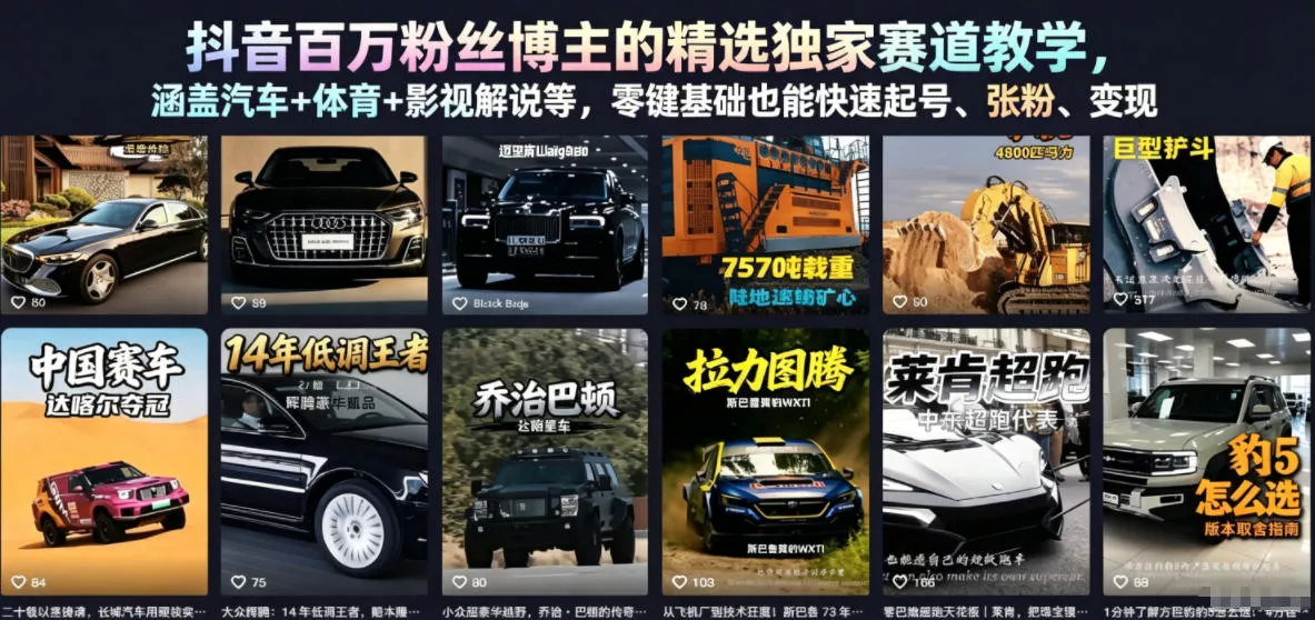 抖音百万粉丝博主的精选独家赛道教学，涵盖汽车+体育+影视解说等，零基础也能快速起号、涨粉、变现(更新0701)-179创客网