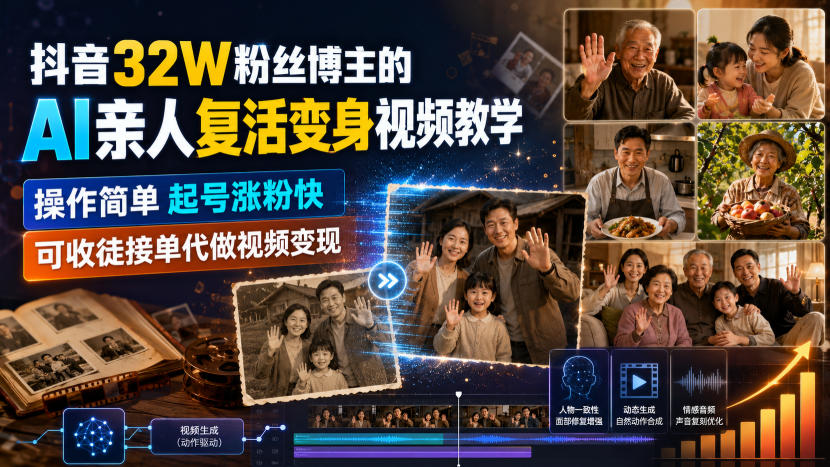 抖音32W粉丝博主的AI亲人复活变身视频教学，操作简单，起号涨粉快，可收徒接单代做视频变现-179创客网