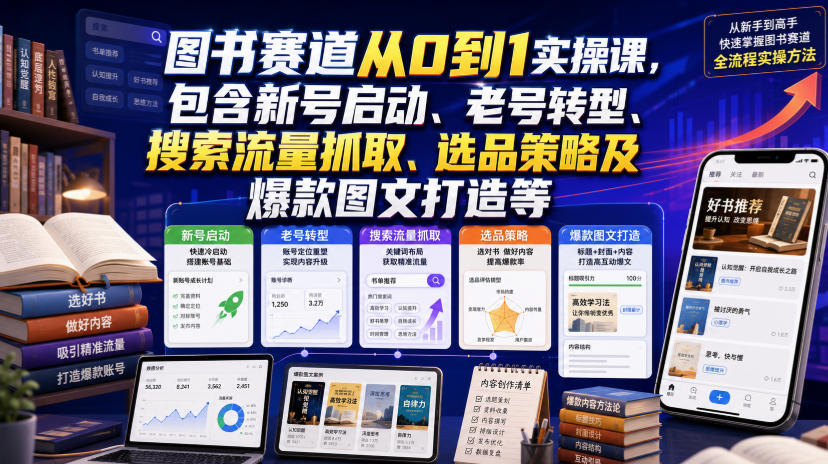 图书赛道从0到1实操课，包含新号启动、老号转型、搜索流量抓取、选品策略及爆款图文打造等-179创客网