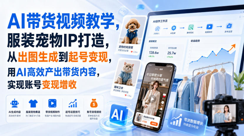 AI带货视频教学，服装宠物IP打造，从出图生成到起号变现，用AI高效产出带货内容，实现账号变现增收-179创客网