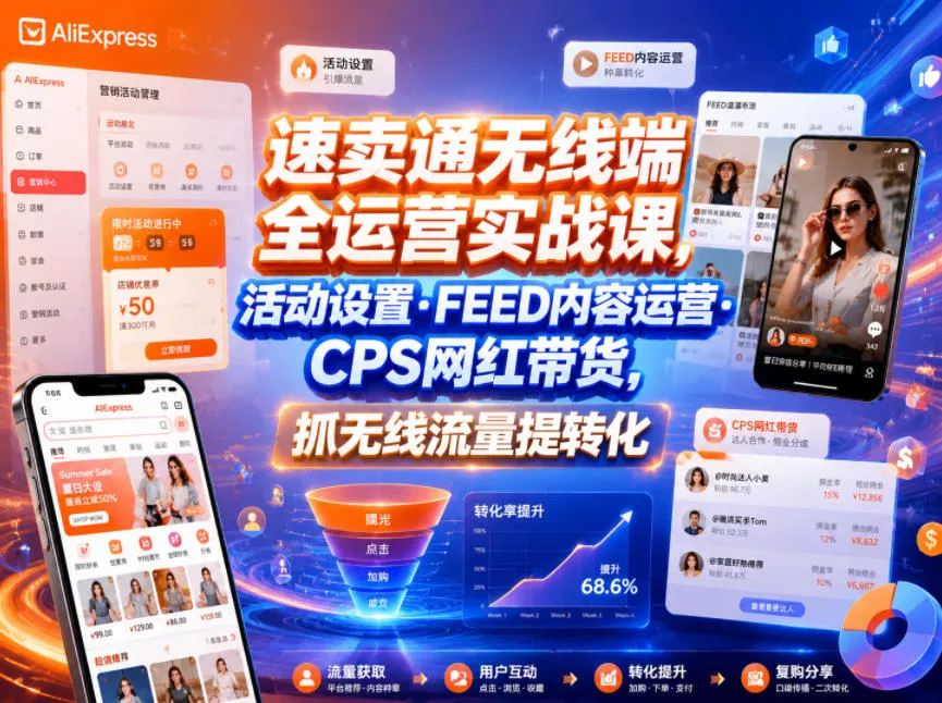 速卖通无线端全运营实战课，活动设置・FEED内容运营・CPS网红带货，抓无线流量提转化-179创客网