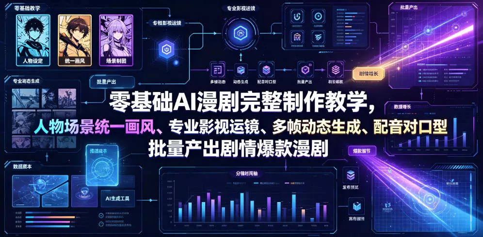 零基础AI漫剧完整制作教学，人物场景统一画风、专业影视运镜、多帧动态生成、配音对口型，批量产出剧情爆款漫剧-179创客网