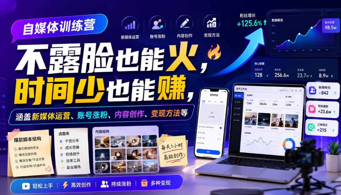 自媒体训练营，不露脸也能火，时间少也能賺，涵盖新媒体运营、账号涨粉、内容创作、变现方法等-179创客网