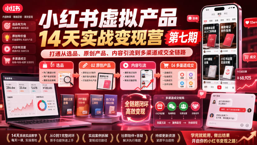 小红书虚拟产品14天实战变现营第七期，打通从选品、原创产品、内容引流到多渠道成交全链路-179创客网