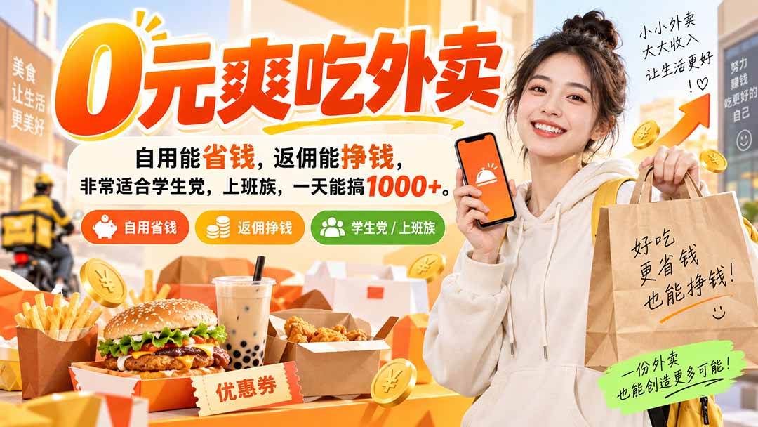 （20309期）0元爽吃外卖，自用能省钱，返佣能挣钱，非常适合学生党，上班族，一天能搞1000+-179创客网