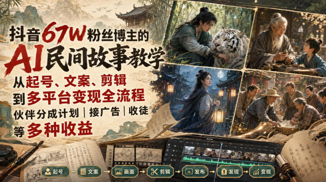 抖音67W粉丝博主的AI民间故事教学，从起号、文案、剪辑到多平台变现全流程，伙伴分成计划接广告等多种收益，月入1W+-179创客网