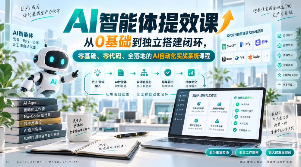 AI智能体提效课，从0基础到独立搭建闭环，零基础、零代码、全落地的AI自动化实战系统课程-179创客网