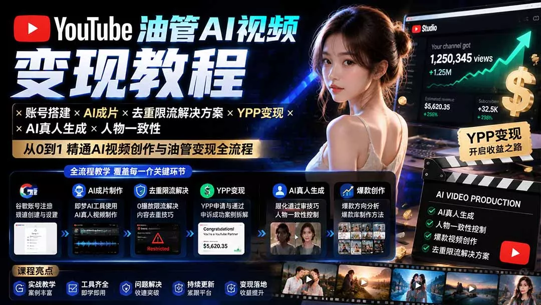 YouTube油管AI视频变现教程：账号搭建×AI成片×去重限流解决方案×YPP变现×AI真人生成×人物一致性-179创客网