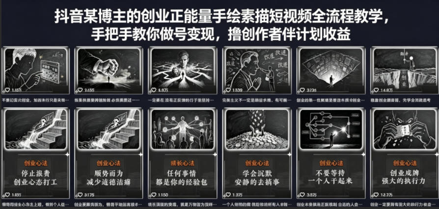 抖音某博主的创业正能量手绘素描短视频全流程教学，手把手教你做号变现，撸创作者伙伴计划收益-179创客网