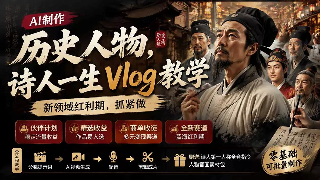 历史人物，诗人一生Vlog教学， AI制作丨伙伴计划丨精选收益丨商单收徒 ，新领域红利期，抓紧做-179创客网