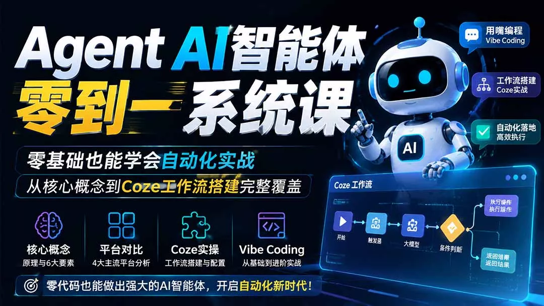 Agent AI智能体零到一系统课；零基础也能学会自动化实战，从核心概念到Coze工作流搭建完整覆盖-179创客网