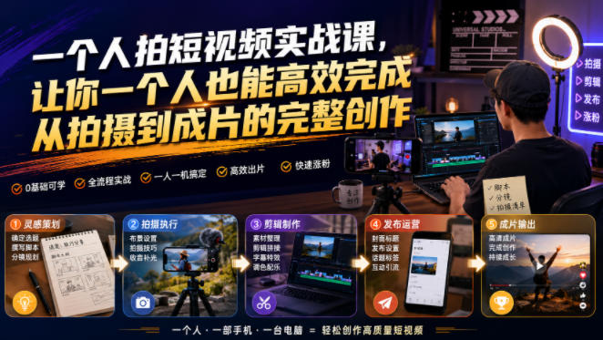 一个人拍短视频实战课，让你一个人也能高效完成从拍摄到成片的完整创作-179创客网