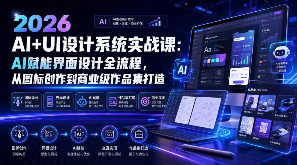 2026 AI+UI设计系统实战课：AI赋能界面设计全流程，从图标创作到商业级作品集打造-179创客网