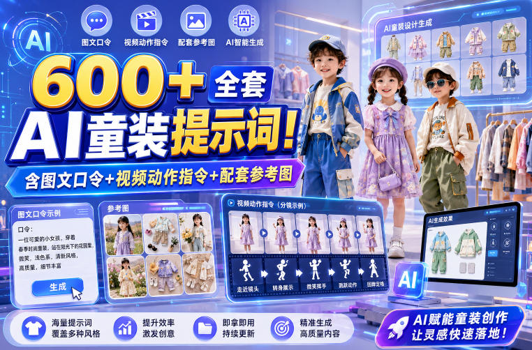 600+全套AI童装提示词！含图文口令+视频动作指令+配套参考图，Word-Excel规整分类，童装电商、种草无脑量产内容！-179创客网