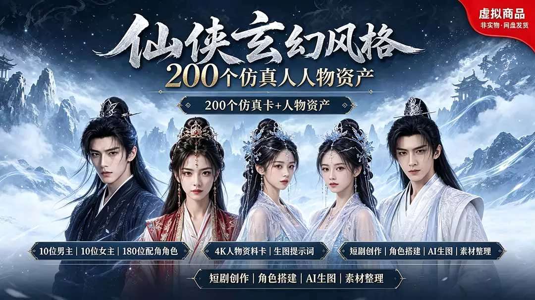 200个仙侠玄幻仿真人素材◆10男主×10女主×180配角，4K资料卡+AI生图提示词，漫剧必备-179创客网
