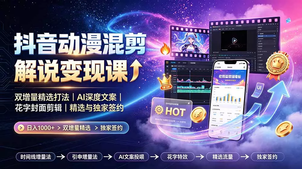 抖音动漫混剪解说变现课：双增量精选打法｜AI深度文案｜花字封面剪辑｜ 精选与独家签约日入1000+-179创客网