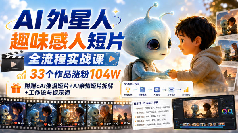 AI外星人趣味感人短片全流程实战课，33个作品涨粉104W，附赠AI催泪短片+AI亲情短片拆解+工作流与提示词-179创客网