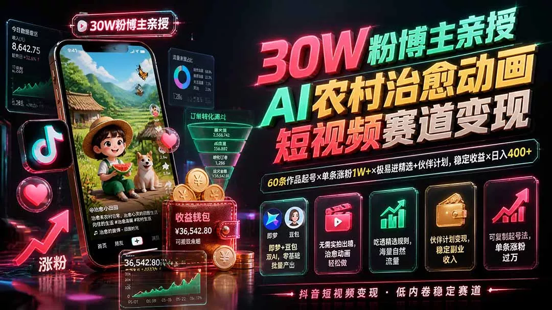30W粉博主亲授AI农村治愈动画短视频赛道变现：60条作品起号×单条涨粉1W+×极易进精选+伙伴计划，稳定收益×日入400+-179创客网