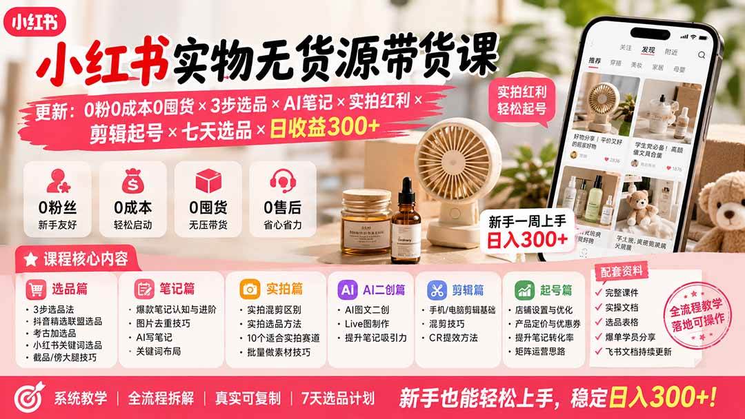 （19840期）小红书实物无货源带货课-更新：0粉0成本0囤货×3步选品×AI笔记×实拍红利×剪辑起号×七天选品×日收益300+-179创客网