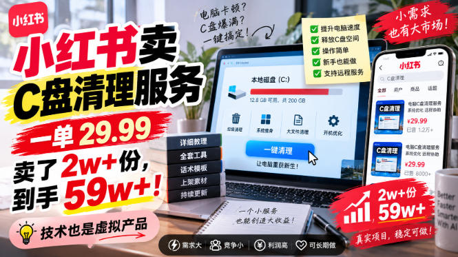 小红书卖C盘清理服务，一单29.99，卖了2w+份，技术也是虚拟产品-179创客网