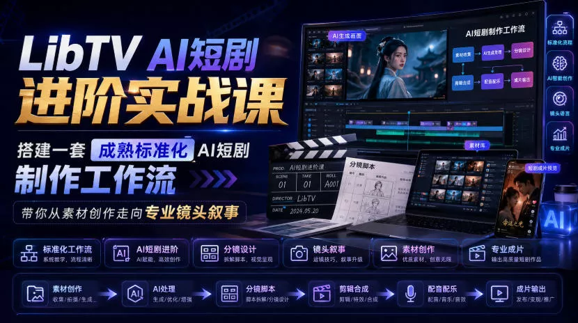 LibTV AI短剧进阶实战课，搭建一套成熟标准化AI短剧制作工作流，带你从素材创作走向专业镜头叙事-179创客网