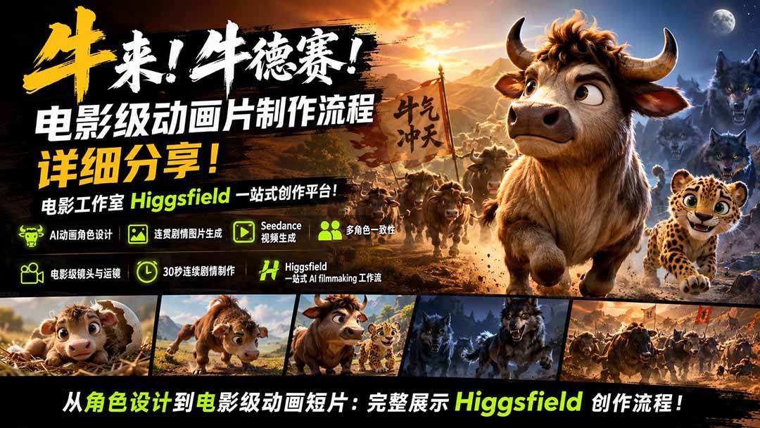 （19987期）牛来！牛德赛！电影级动画片制作流程详细分享！电影工作室Higgsfield一站式创作平台！