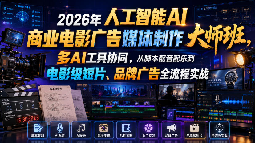 2026年人工智能AI商业电影广告媒体制作大师班，多AI工具协同，从脚本配音配乐到电影级短片、品牌广告全流程实战（中英字幕）-179创客网