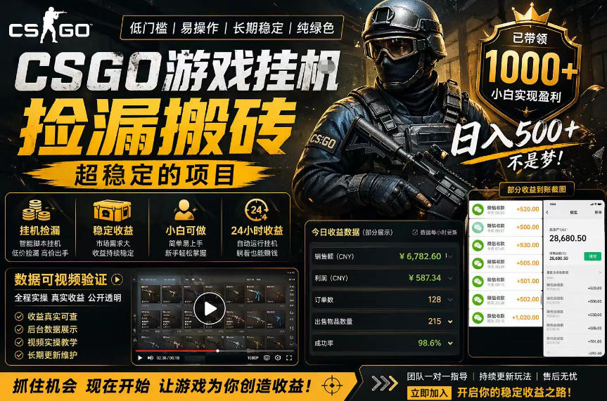 CSGO游戏搬砖，全自动挂G，不需要玩游戏，手机操作日入300+，解放双手【揭秘】-179创客网