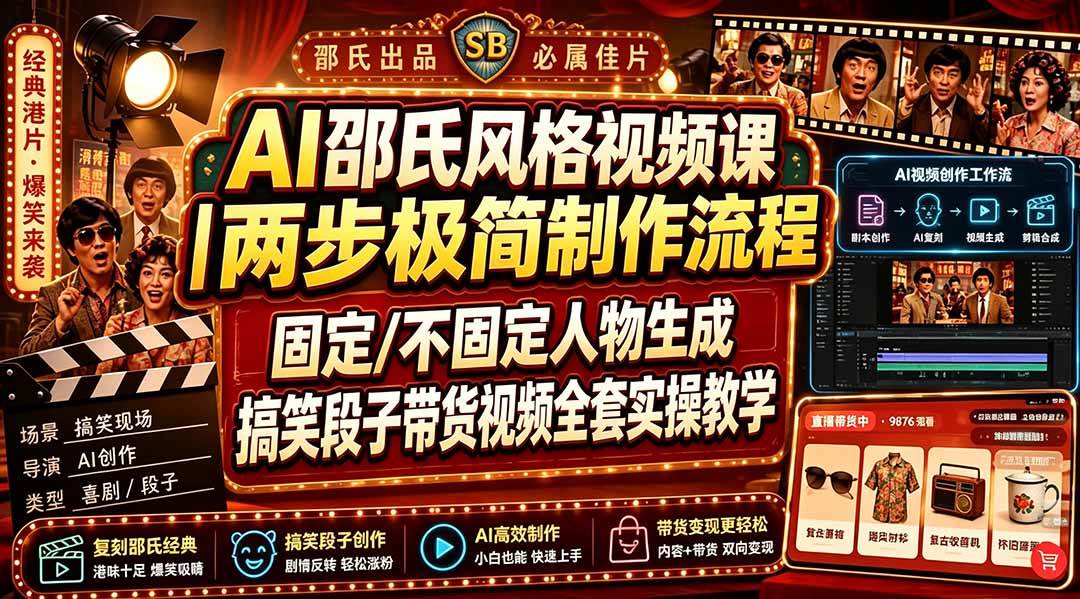 （19602期）AI邵氏风格视频课｜两步极简制作流程，固定/不固定人物生成，搞笑段子带货视频全套实操教学-179创客网
