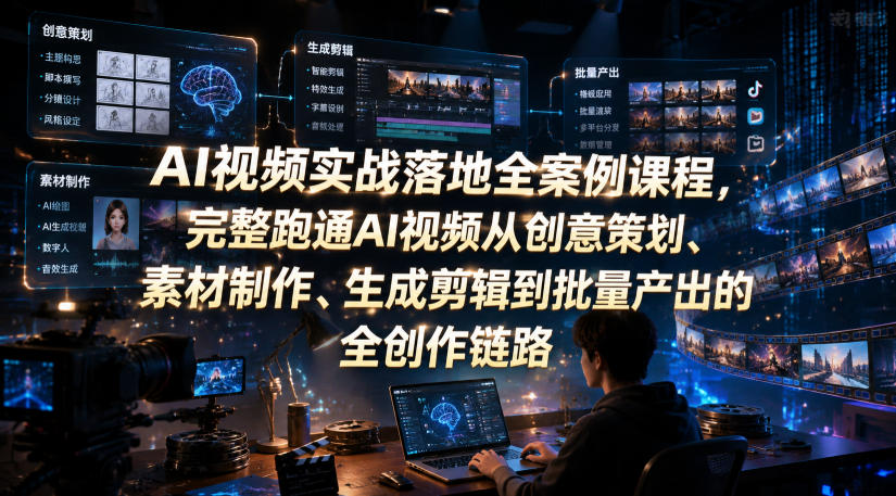 AI视频实战落地全案例课程，完整跑通AI视频从创意策划、素材制作、生成剪辑到批量产出的全创作链路-179创客网