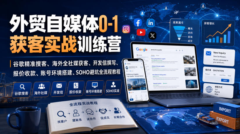 外贸自媒体0-1获客实战训练营｜谷歌精准搜客、海外全社媒获客、开发信撰写、报价收款、账号环境搭建、SOHO避坑全流程教程-179创客网